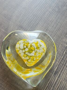 Handblown Yellow and White Heart Glass Paperweight - Home Accents